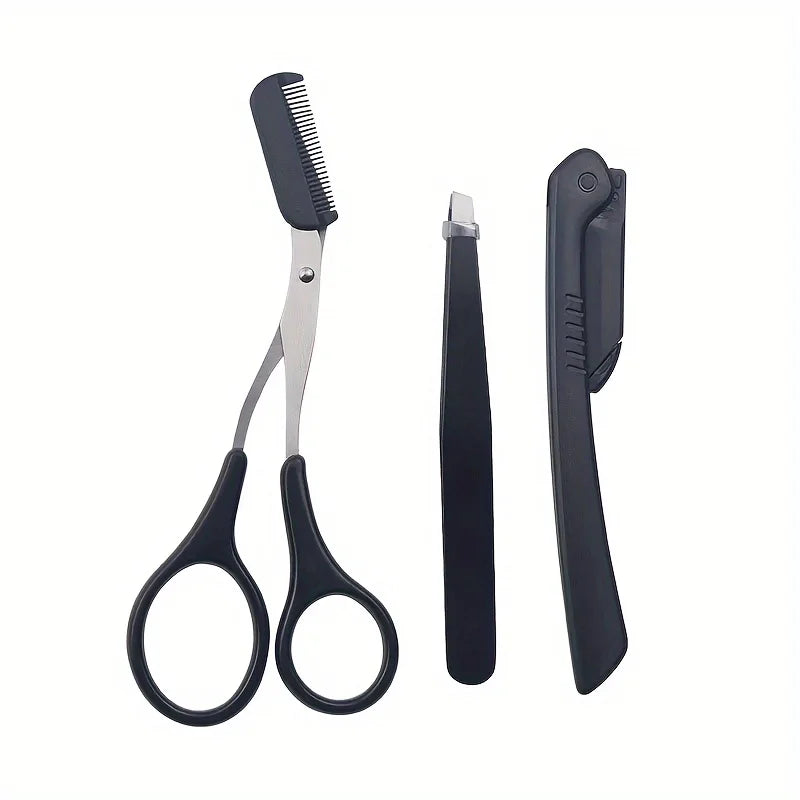 3-Piece Stainless Steel Eyebrow Grooming Kit – Tweezer, Comb & Scissors