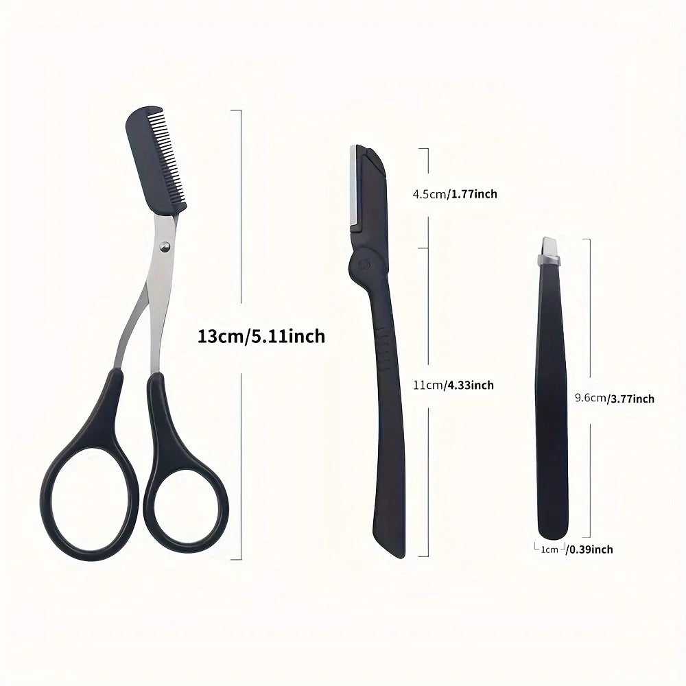 3-Piece Stainless Steel Eyebrow Grooming Kit – Tweezer, Comb & Scissors