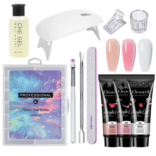 Poly Nail Extension Gel Kit Starter – 3 Colors with 6W Nail Lamp