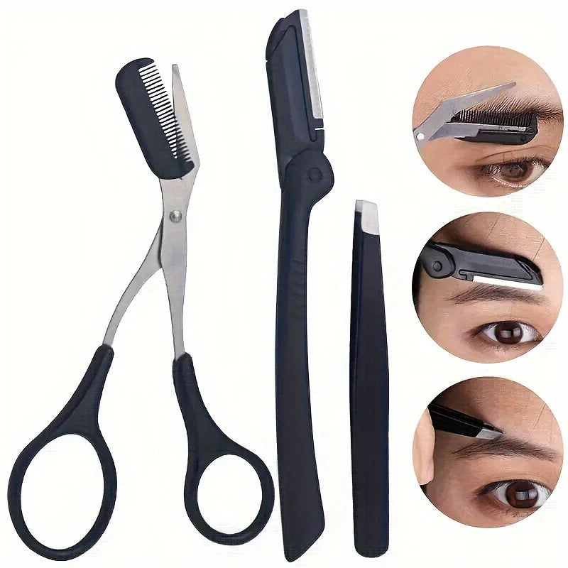 3-Piece Stainless Steel Eyebrow Grooming Kit – Tweezer, Comb & Scissors