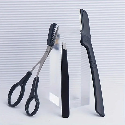 3-Piece Stainless Steel Eyebrow Grooming Kit – Tweezer, Comb & Scissors