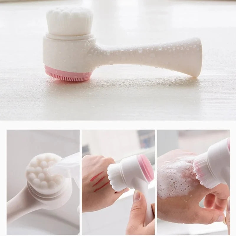 3D Double Silicone Facial Cleansing Brush – Soft Bristle Exfoliator & Massage Tool