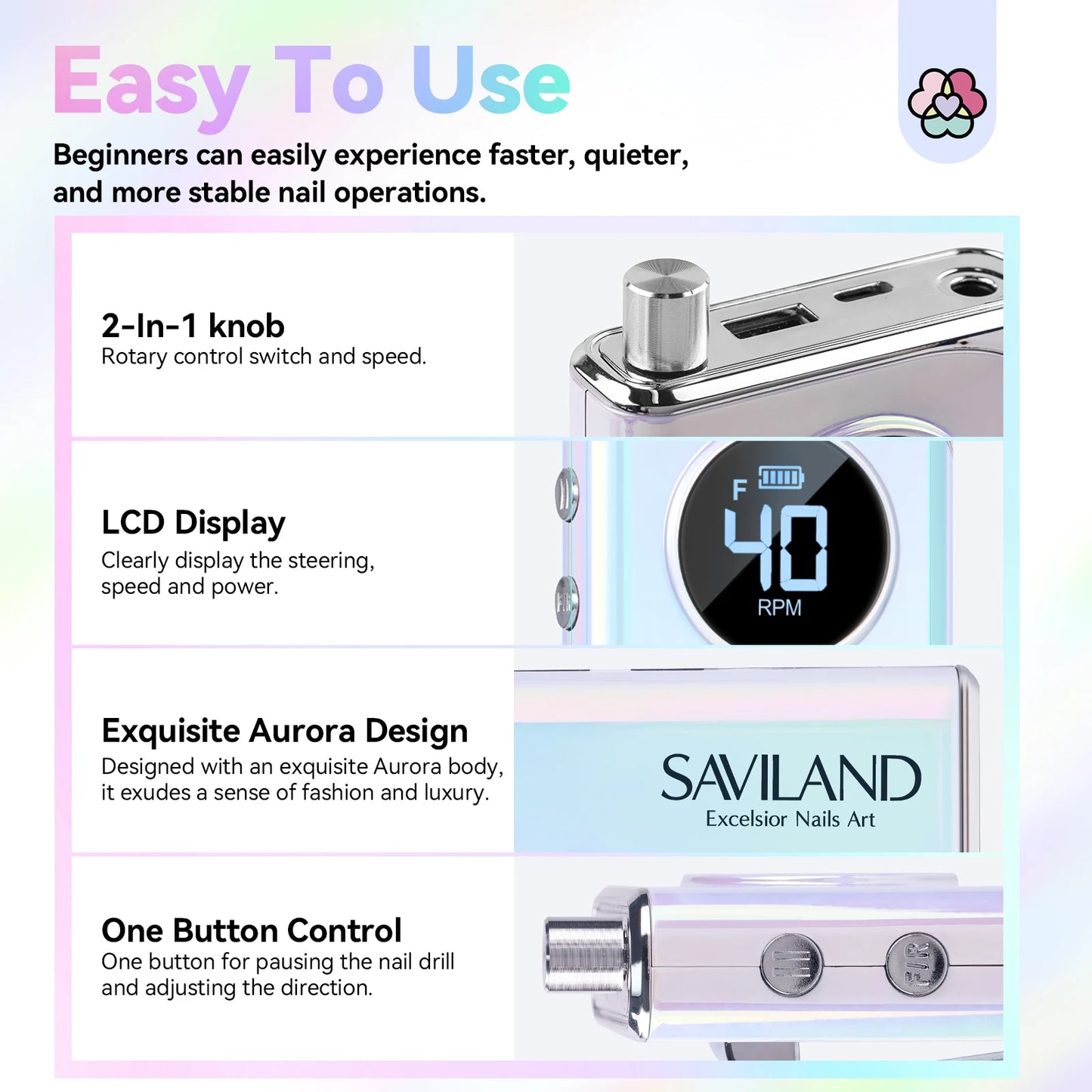 SAVILAND Professional Electric Nail Drill – 40000RPM Rechargeable Nail File