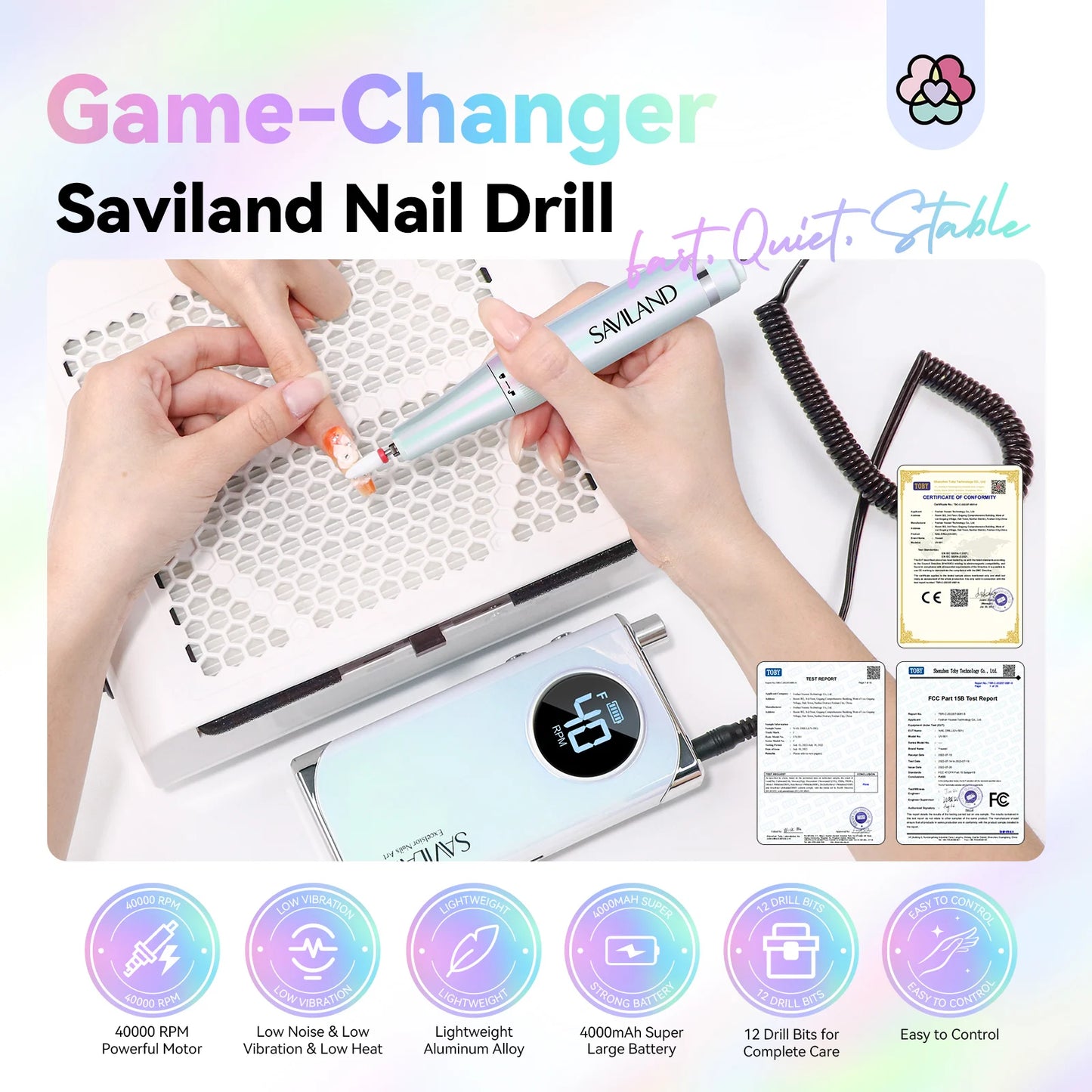 SAVILAND Professional Electric Nail Drill – 40000RPM Rechargeable Nail File