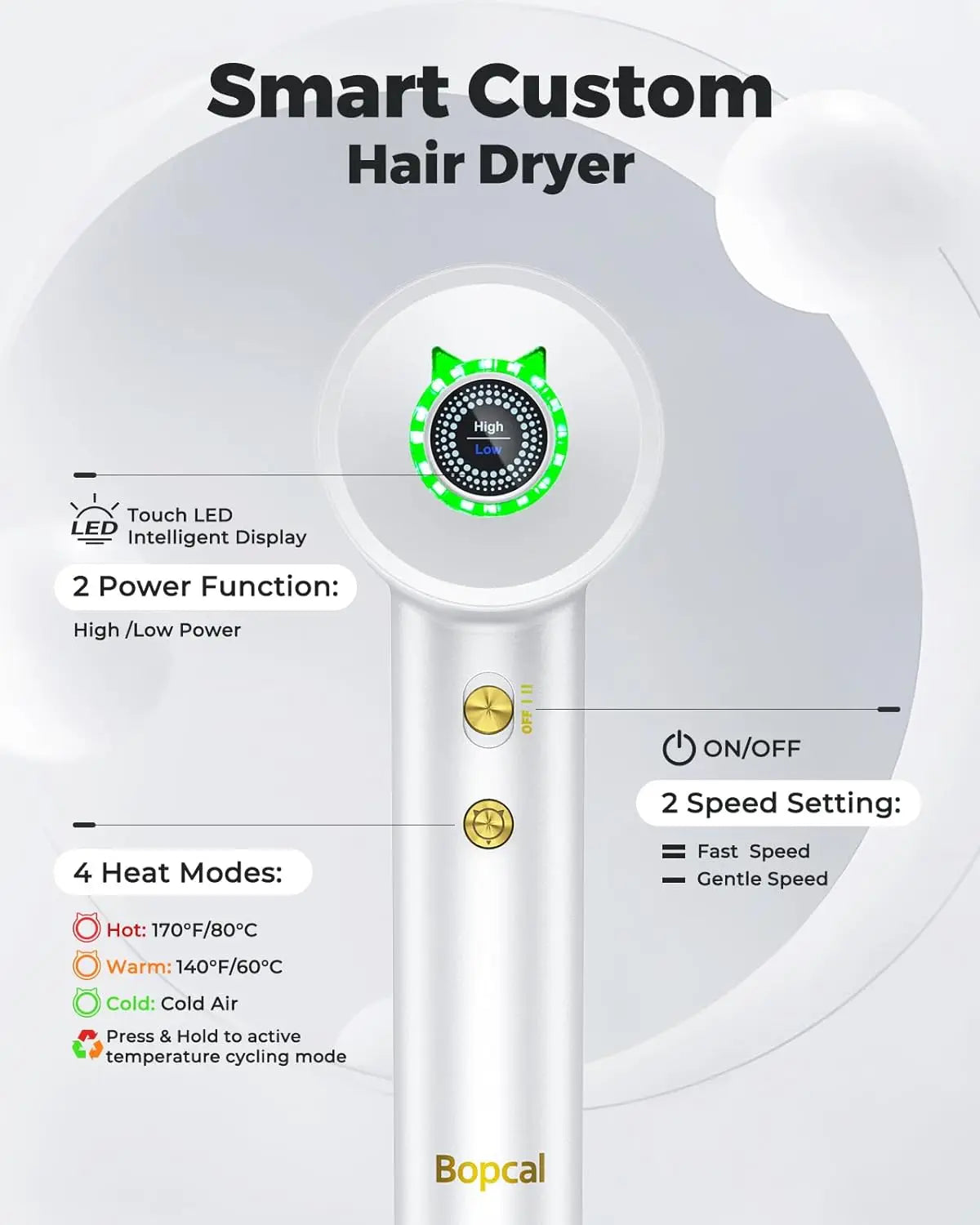 1600W Professional High-Speed Hair Dryer – Silent Touch Screen, Hot & Cold