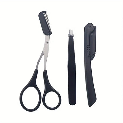 3-Piece Stainless Steel Eyebrow Grooming Kit – Tweezer, Comb & Scissors