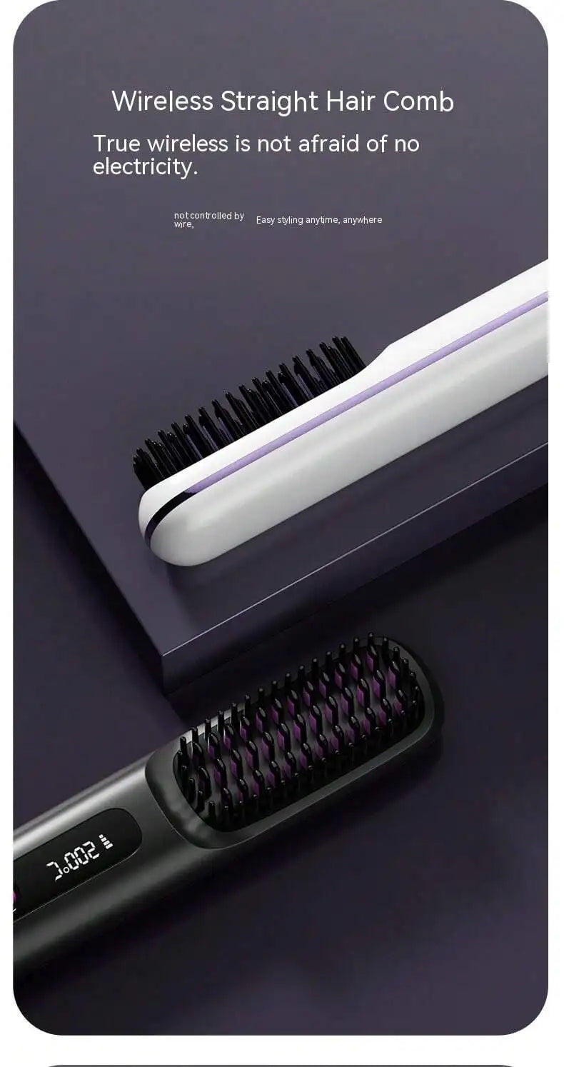 LCD USB Rechargeable Ceramic Ionic Straightening Comb – Wireless Portable Hair Styler