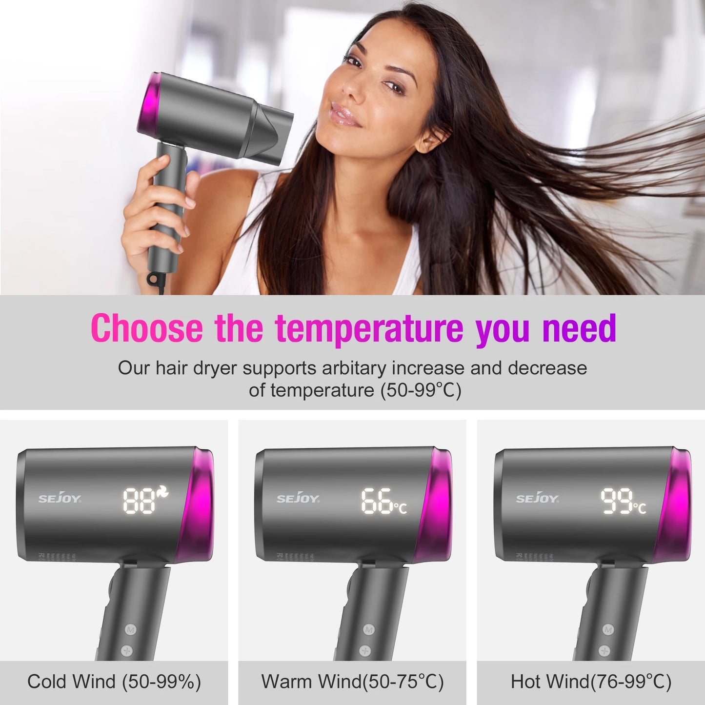 Sejoy High-Speed Hair Dryer – 1800W Powerful Blow Dryer with LED Display